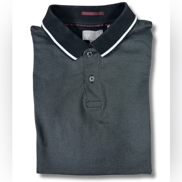 TED BAKER - Men’s Short Sleeve Houndstooth Patterned Polo, Black, Large - Picture 2 of 3